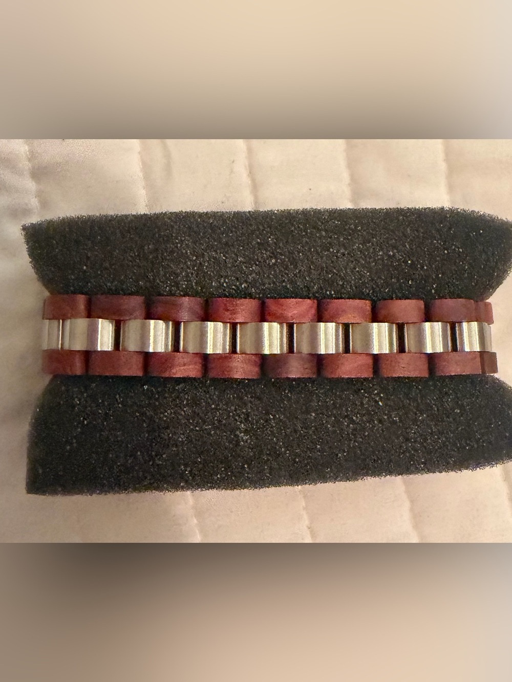 Men's Wood and Silver-Tone Link Watch Strap